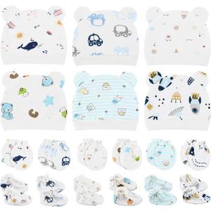 Geyoga 18 Pcs Baby Hats Mittens and Socks Set Newborn Mittens No Scratch Baby Hats and Newborn Socks for 0-6 Months