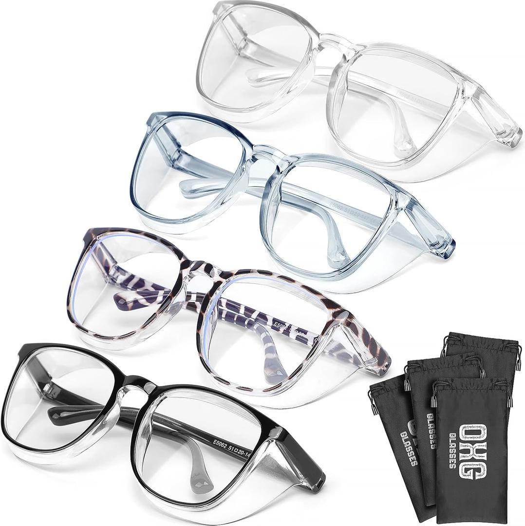 OXG 4 Pack Safety Glasses Anti Fog Goggles, Blue Light Blocking Stylish Safety Glasses for Women Nurses Protective Eyewear (Leopard/Clear/Black/Blue)