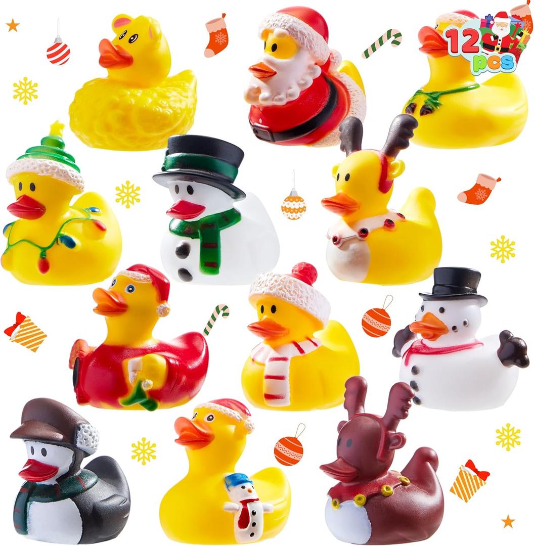 JOYIN 12 Pcs Christmas Rubber Duck Bath Toys for Christmas Goodie Bag Stuffers and Baby Showers, Girls and Toddlers Christmas Party Favor Xmas Gifts