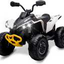 Kids ATV 4 Wheeler, 12V Ride On Toys Car for Kids with 2x35W Motor, Quad Electric Vehicles with Remote Control, LED Lights, Spring Suspension, Treaded Tires, Music, USB & AUX, White