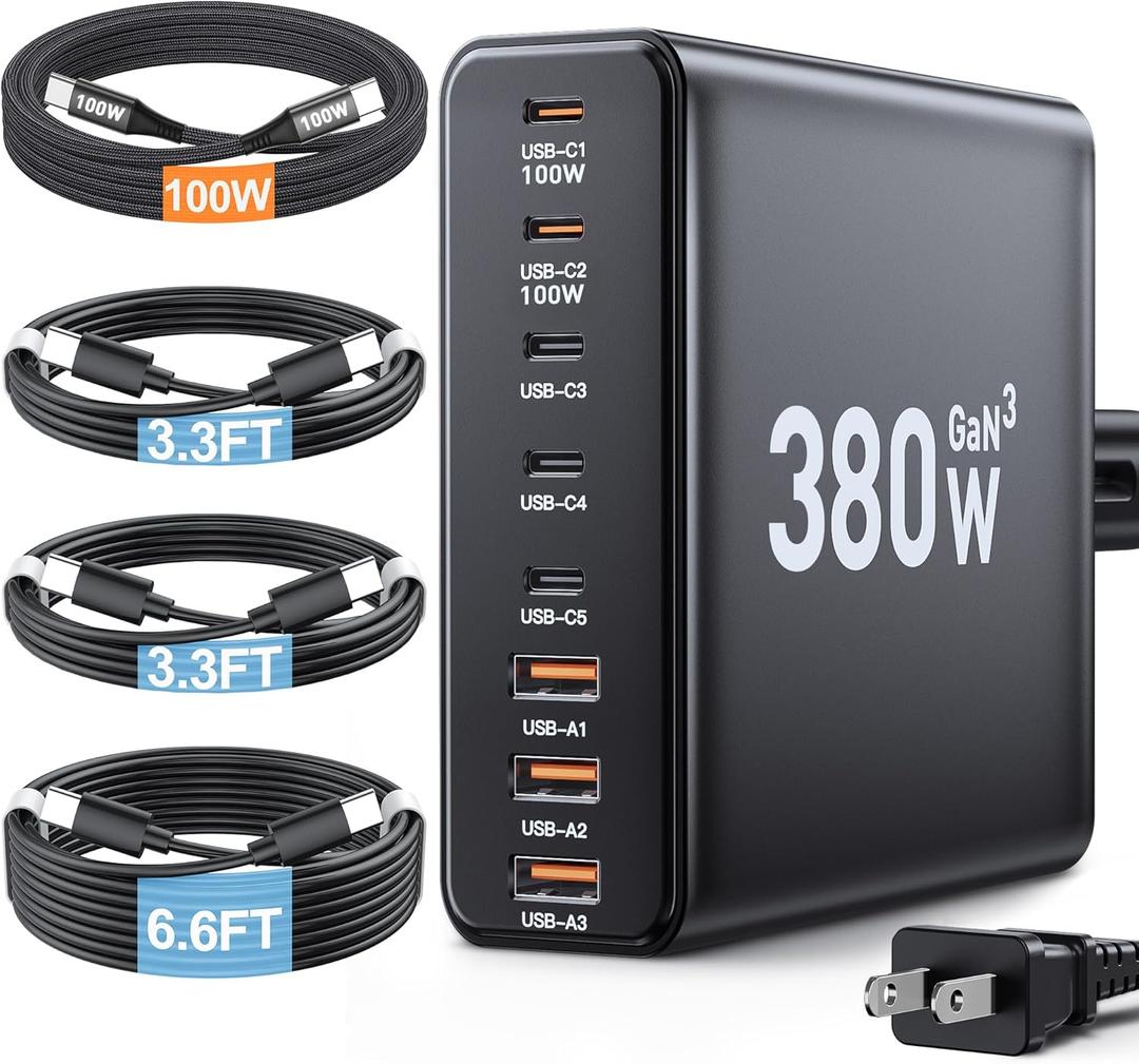 380W USB C Charger Block,with 4 USB Cables 8-Port USB C Charging Station Dual 100W Laptop Charger Fast Charger Type C Charging Block for MacBook Pro, Dell XPS, iPhone, iPad, Tablet (Bright Black)