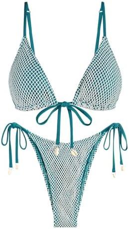 ZAFUL Women Triangle String Two Piece Bikini Fishnet Mesh Tie Shell Decor Tanga 2 Piece Swimsuit, Smal