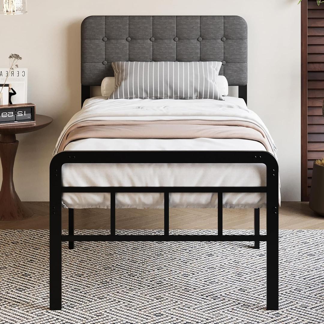 18 Inch Twin Bed Frame with Upholstered Headboard and Footboard, Heavy Duty Metal Slats, with Under Bed Storage, No Noise, No Box Spring Needed, Easy Assembly, Black