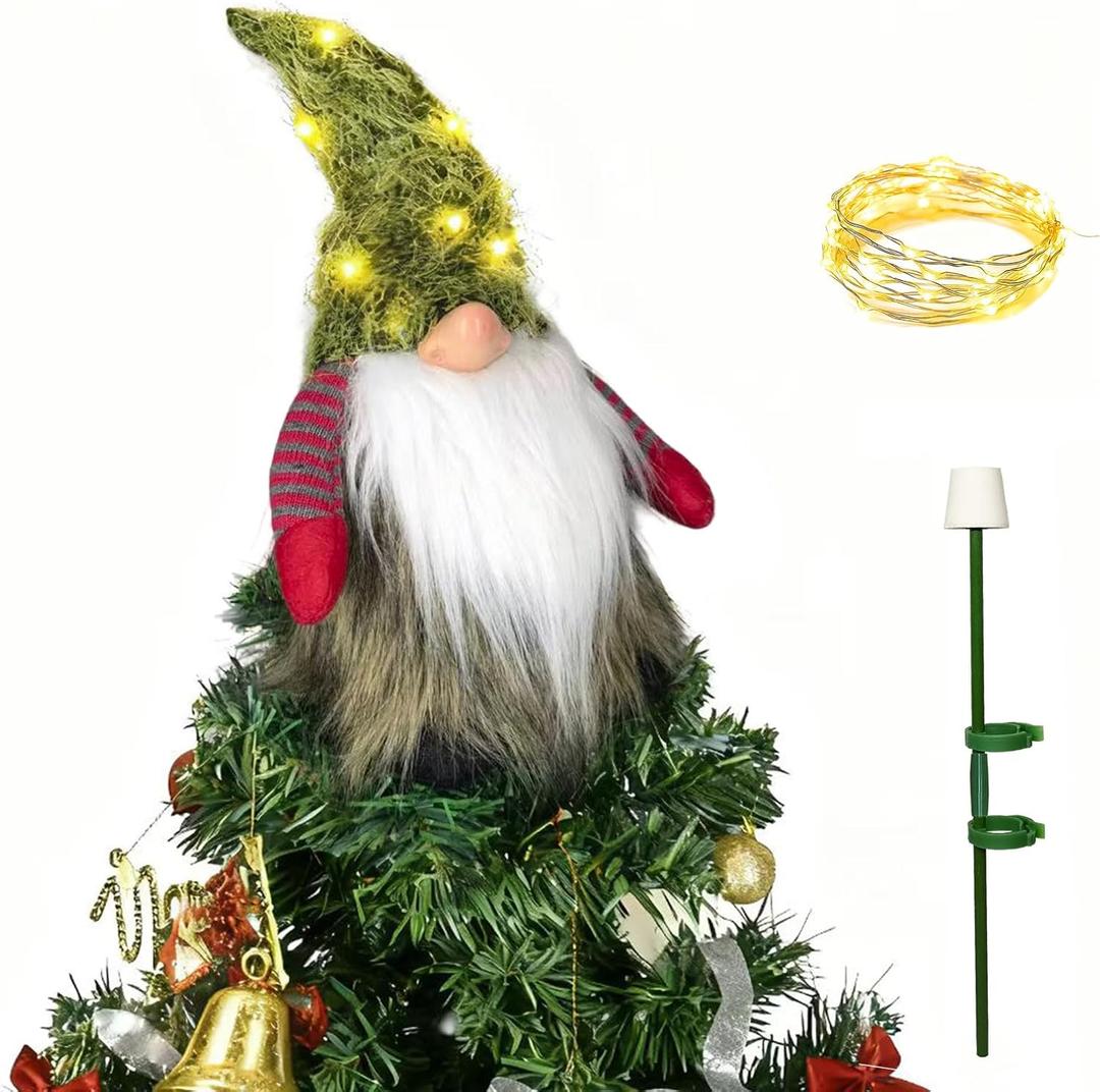 12inch Gnome Christmas Tree Topper with Tree Topper Holder Treetop Santa Gnome Christmas Tree Topper with Lights Hand Made Christmas Tree Decoration Holiday Home Decor Ornament
