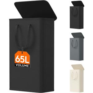 Lifewit 65L Slim Laundry Hamper, Small Laundry Basket with Lid, Dirty Narrow Collapsible Clothes Storage with Easy Carry Extended Handles, Tall Hampers for Bedroom Laundry Room, Black, 1 Pack