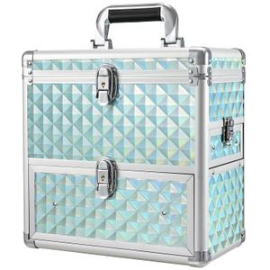 FRENESSA Extra Large Makeup Organizer Case Cosmetic Box Storage with Drawer Mirror Nail Manicure Accessory Organizer With Dividers Travel Nail Art Case for Makeup Artist Nail Tech Case Watery Blue