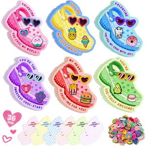 Valentines Day Cards for Kids School Classroom - 36 Valentine Cards with 72 Unique Shoe Charms, 6 Cute Designs - Valentine Exchange Gift for Boys Girls, Funny Valentines Cards for Kids Party Favors