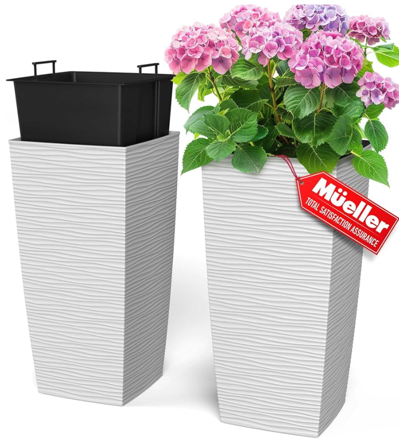 Mueller Janska M-Resin Heavy Duty Tall Planter, Indoor/Outdoor Grande Plant, Tree, Flower Pot, 2-Piece Set, 18”, Modern Design, Built-in Drainage, White