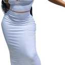 2 Piece Outfit Maxi Dress for Women, Summer Deep U Neck Sleeveless Tank Crop Tops Long Skirt Set Party Bodycon Dresses, XL