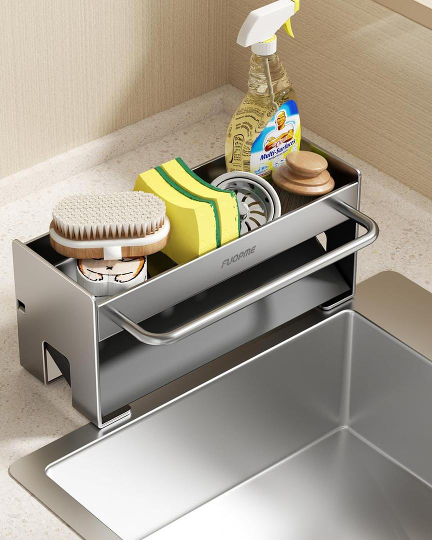 Kitchen Sink Organizer Sponge Holder:Sink Caddy with Dishrag Holder,Rustproof Carbon Steel with Auto-Drain,Dish Sponge & Soap Dispenser Towel Rack for Kitchen Countertop Storage, Grey