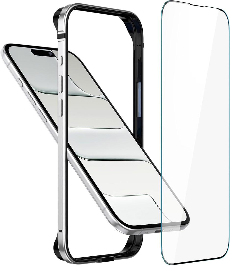 Metal Bumper Case for iPhone 17 Air, Aluminum Frame Slim Case [Soft Silicone Inner Bumper][Raised Edge Protection] HD Tempered Glass Screen Protector Cover for iPhone 17 Air Silver