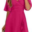 Dokotoo Women's Wrap V Neck Short Flared Sleeve Wedding Guest Dress Smocked Elastic Waist Tiered Belted Ruffle Hem Mini Dress (Pink, M)