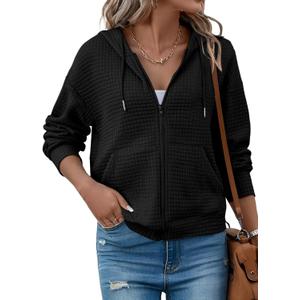 SHEWIN Womens Zip Up Hoodies Oversized Sweatshirt Fall Fashion Outfits 2026 Casual Waffle Hooded Jackets, Size: XX-Large