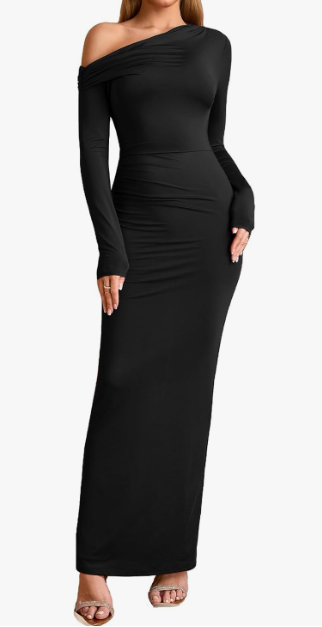 XinFSh Women's Long Sleeve Bodycon Maxi Dress One Shoulder Ruched Fall Formal Wedding Guest Cocktail Dress 2025, Black, Size L