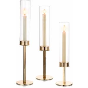 Hewory Gold Candle Holders, 3Pcs Hurricane Candlestick Holders with Glass Candle Cover for Wedding Table Centerpiece Christmas Decor