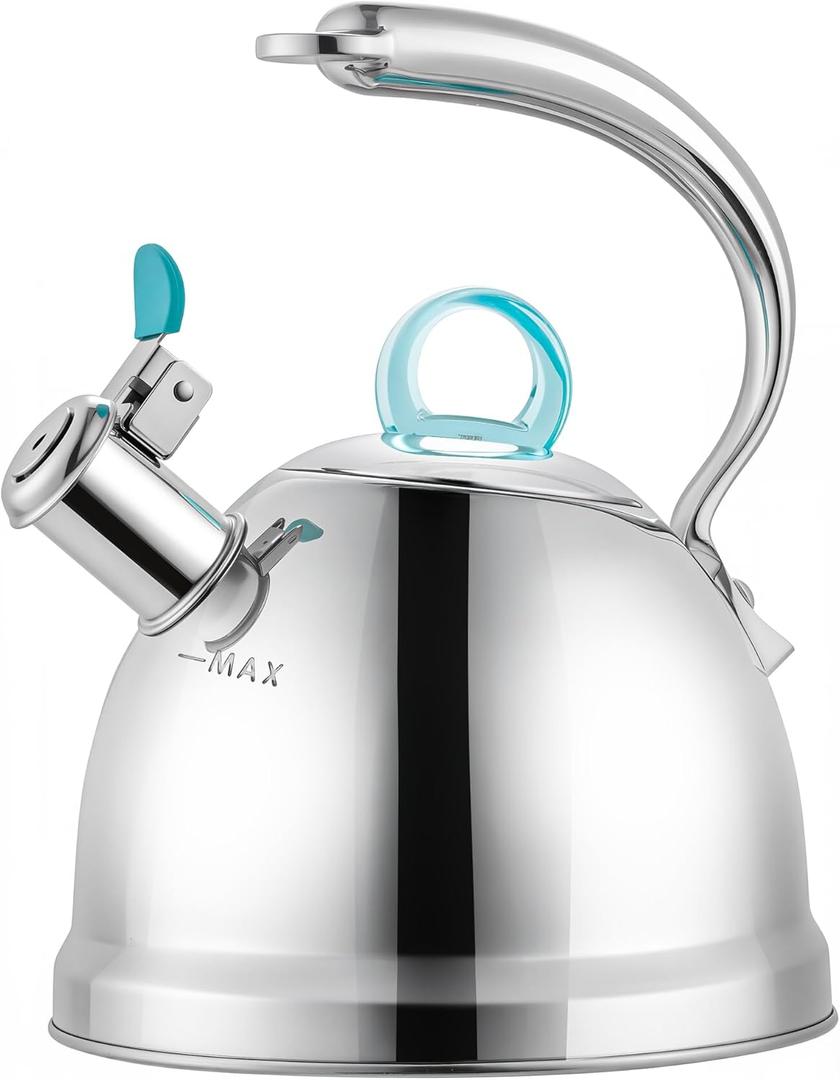 Harriet Tea Kettle for Stove Top, 2.5 Quart Stainless Steel Whistling Tea Pot, 3-Layer Base, Unique Dolphin-Shaped Ergonomic Handle, Includes Pot Holder & Mat, Gas Electric Applicable, Mirror Finish
