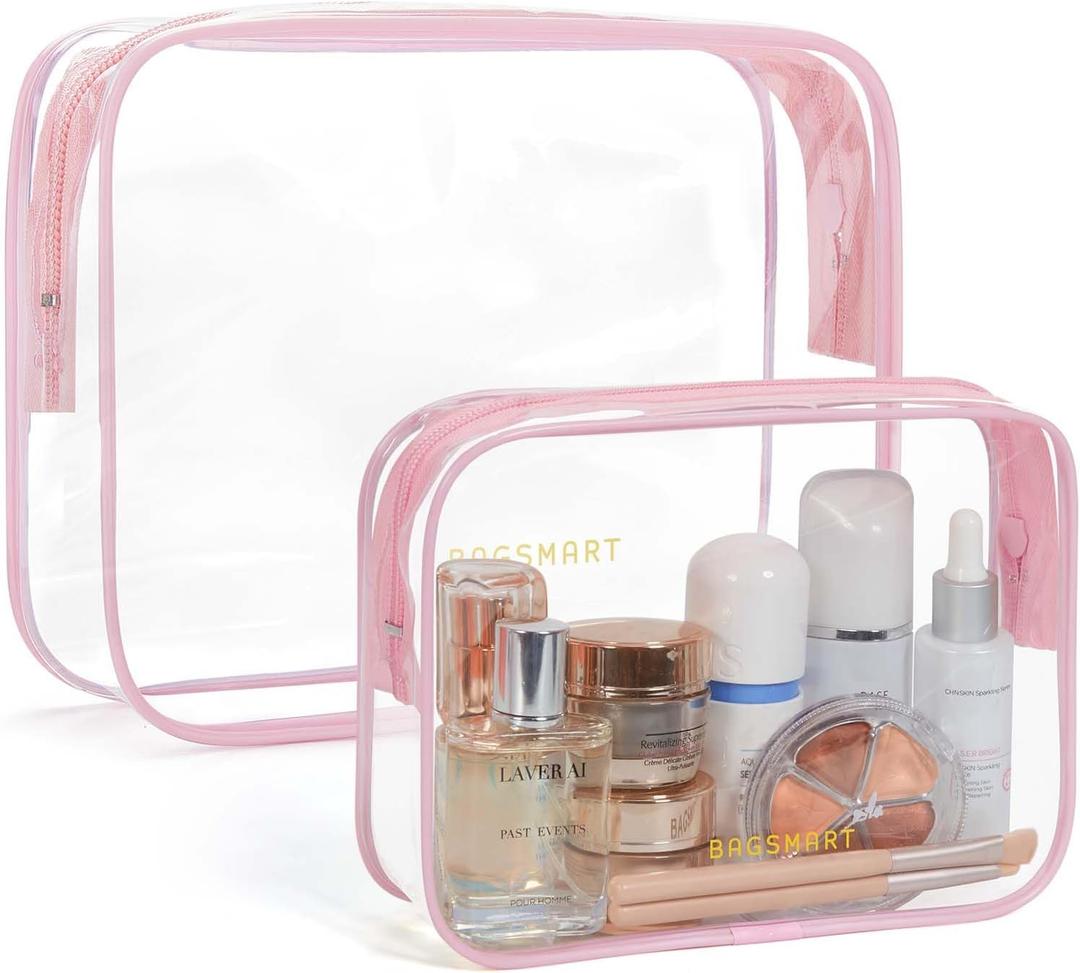 BAGSMART Clear Toiletry Bag, TSA Approved Travel Toiletry Bag Carry On Travel Accessories Bag Airport Airline Quart Size Bags water-resistant Makeup Bag for Women (2 Pack, Medium+Large, Pink)
