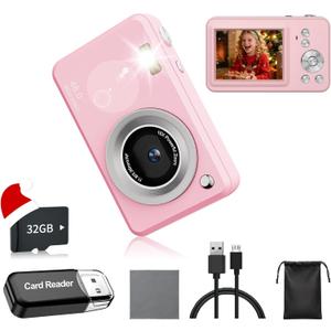 Digital Camera with 32GB Card,48MP Compact Portable Small Point Shoot Camera,FHD 1080P Point and Shoot Digital Cameras with 16X Zoom,for Boys Girls Teens Gifts (Pink)