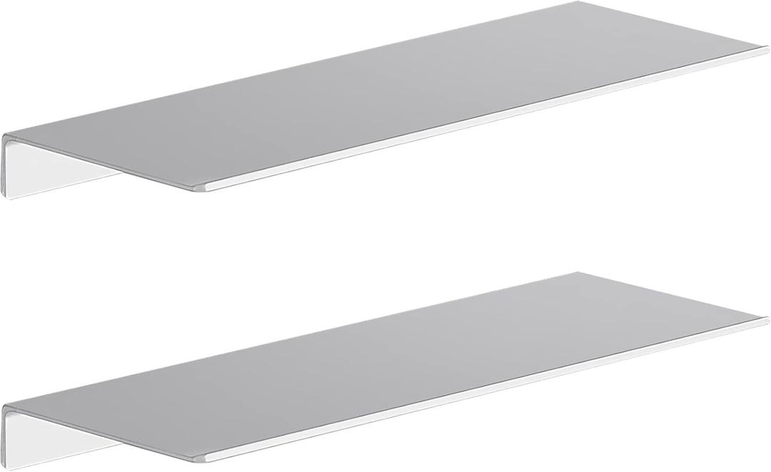 Danpoo Adhesive Floating Shelves for Wall Storage, Metal Wall Shelves for Living Room, Bathroom, Kitchen, 16 Display Shelves for Collectibles(Silver, 2 PCS)