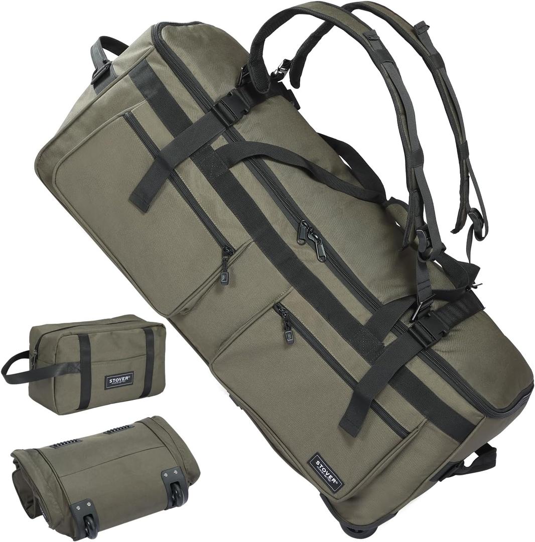 45/80/100/120L U-Zip Rolling Duffel Bag with Wheels, X-Large Durable Travel Duffle + Toiletry Bag, Lay-Flat Opening, Packable w/Shoulder Straps- Use as Luggage or Backpack, Men/Women (Green)