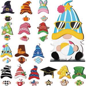Blulu Interchangeable Wooden Gnome Decor DIY Holiday Seasonal Summer Gnomes Tiered Tray Decoration with Magnet Pieces Welcome Sign for Decorations(Cute)