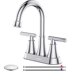 Bathroom Faucets for Sink 3 Hole, Hurran 4 inch Chrome Bathroom Sink Faucet with Pop-up Drain and Supply Hoses, Stainless Steel Lead-Free 2-Handle Centerset Utility Faucet for Sink Vanity RV