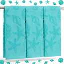 3 Pcs Coastal Hand Towels for Bathroom Ocean Beach Towels 29.5 x 13.7 Inch Decorative Jacquard Bathroom Towel Starfish Shells Dish Washcloth for Kitchen Beach Summer Holiday Gifts (Blue)