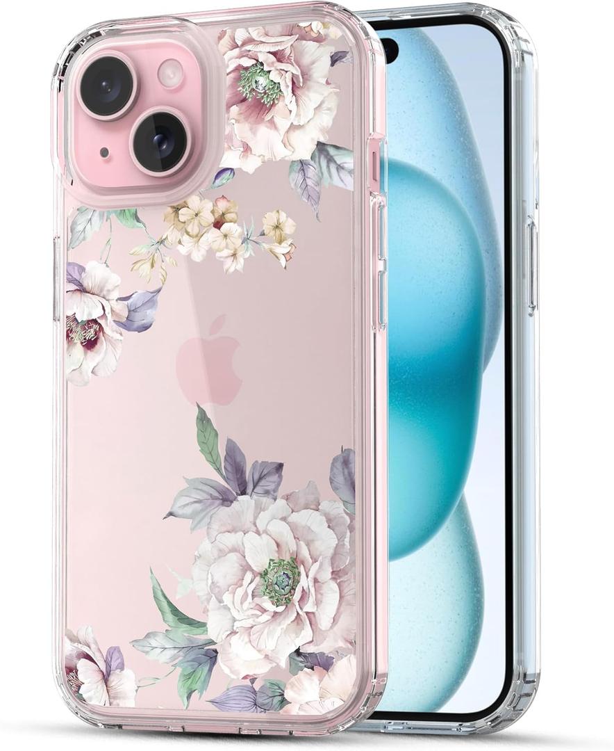 RANZ Case for iPhone 15, Anti-Scratch Shockproof Series Clear Hard PC + TPU Bumper Protective Cover Case for iPhone 15 (6.1") - Pink Flower Peony