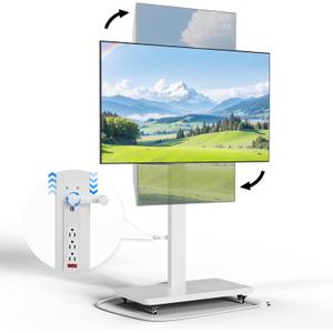 Mobile TV Stand with Power Outlet, Height Adjustable with Handle Stepless Lift,Rolling TV Stand for 32-75inch TVs with 90 Rotating,Portrait to Landscape,TV Cart with Wheels Holds up to 110lbs (White)