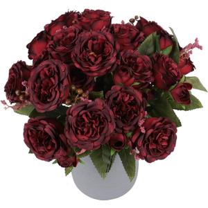 Artificial Peonies Silk Flowers, Burgundy Faux Peony Bouquet 4 Bundles Florals Arrangements for Farmhouse Home Boho Wedding Table Centerpiece, Fake Plastic Flowers Bulk for Vase Decoration (Burgundy)