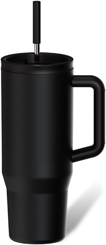 40 oz Tumbler with Handle & Straw Lid  Insulated Stainless Steel Water Bottle, Leakproof Travel Mug  Fits Cup Holder  Hot/Cold Drink Thermos  Ideal Gift for Men & Women (Black)