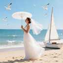 33 Inch White Paper Parasol Umbrella for Wedding Decor & DIY Art - Large Handmade Wooden Frame Sun Wedding Parasols, Asian Party Backdrop Painting Craft Projects