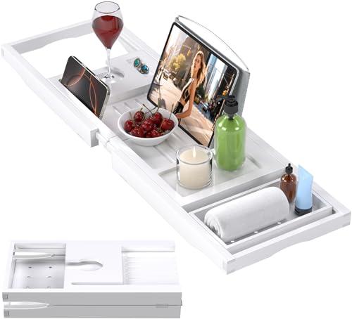 Foldable Bathtub Caddy Tray for Tub, Bamboo Expandable Bath Table Trays, Premium Bathroom Accessories for New Home & Mother's Day & Birthday Gifts for Couples, White