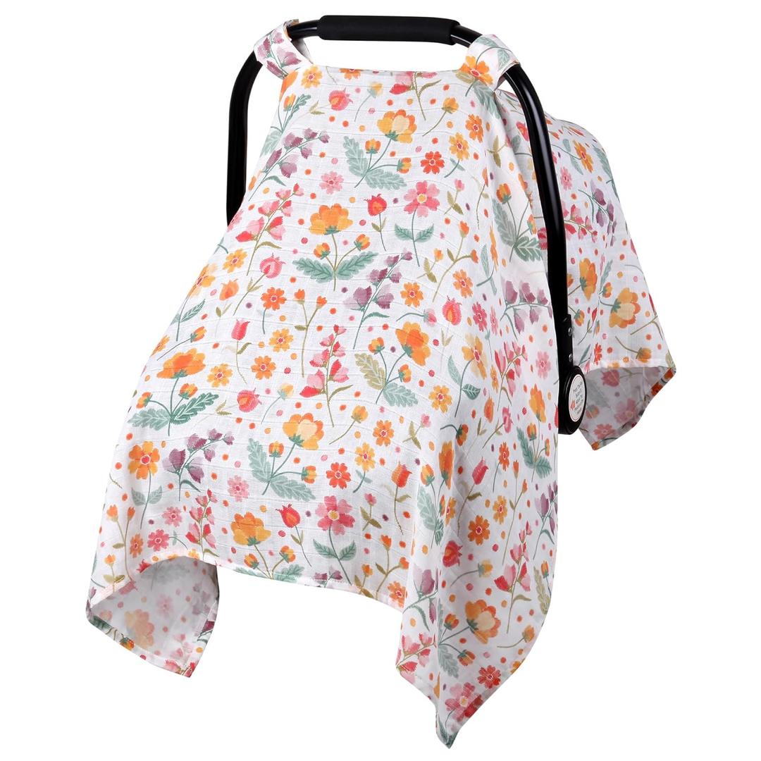 Metplus Muslin Carseat Cover for Babies,Breathable Infant Carseat Cover Lightweight Baby Carrier Cover for Girls Boys, Fit Spring Summer/Hot Days/Warm Weather (Colorful flowers)