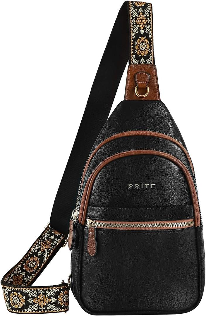 Prite Leather Crossbody Sling Bag for Women - Travel Fanny Pack Chest Purse (Black)