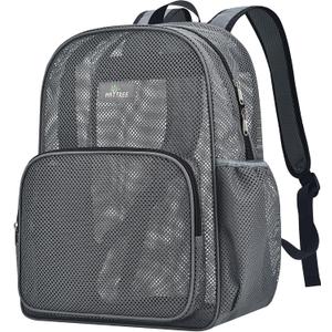 MAY TREE Mesh Bacpack for School Beach Swimming Outdoor Fitness, Heavy Duty Mesh Bookbag with Sturdy Material for Women and Men, Grey, Medium