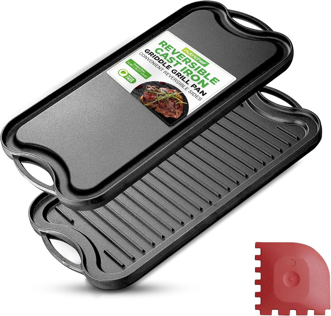 NutriChef 20"x10" Reversible Cast Iron Griddle Pan – Flat & Grill Sides, Pre-Seasoned, Oven Safe, Extra-Wide, PFOA & PFOS Free, for Gas, Electric, or Outdoor Cooking