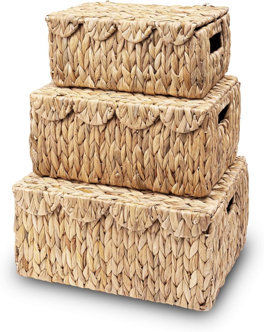 Set of 3 Scalloped Edge Wicker Basket with Lid, Rectangle Wicker Storage Basket with Built-in Handles, Multipurpose Organizer Rattan Display Boxes for Shelf, Nursery Room