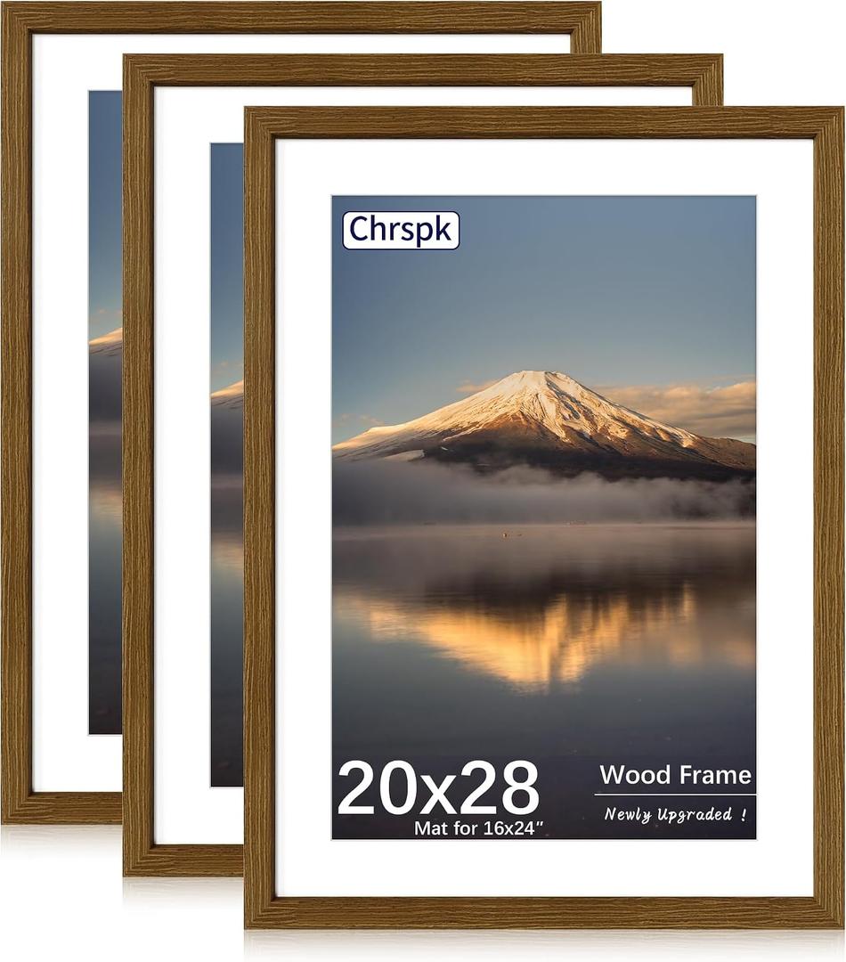 20x28 Poster Frame, Display Pictures 16X24 with Mat or 20x28 Without, Wall Hanging Frames, Rustic Brown, 3 Pack