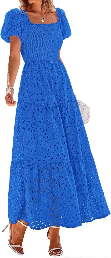 PRETTYGARDEN Womens Summer Eyelet Maxi Wedding Guest Dress | Square Neck Puff Short Sleeve Smocked Flowy Dresses, Cotton, With Pockets, Dress for Bridal Shower, Garden Party, Vacation (Blue, S)