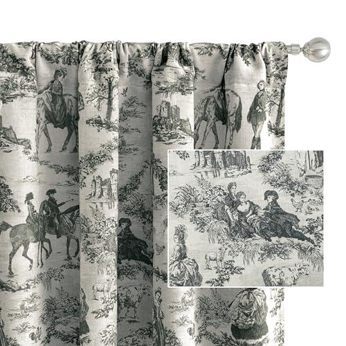 DriftAway 100% Blackout Toile Linen Curtains for Bedroom Double Layer Farmhouse French Country Vintage Printed Pattern Thermal Sound Lined Back Tab Living Room Drapes 96 inch Length 2 Panels Black