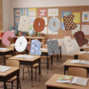 Remagr Book Corner Felt Banner Garland, Boho Classroom Library Decor, letter about 4.72inch