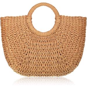 Frienda Straw Tote Bag Summer Beach Bag Handmade Straw Rattan Woven Handbag for Women Travel (12.6 x 7.87 x 8.66 Inch, Khaki)