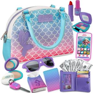 Play Purse for Little Girls and Toddlers - Mermaid Purse Toys for Kids Pretend Play Accessories: Phone, Wallet, Credit Cards, Keys, Pretend Makeup Mermaid Gift for Girl Age 3 4 5 6 7 8 Years and Up