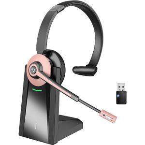 Wireless Headset with Mic for Work, Wireless Headset with Microphone (Noise Cancelling & Mute Button, USB Dongle & Charging Base), Bluetooth Headphones for Home/Office/Computer/Laptop/Phone/Teams/Zoom (rose/gold)