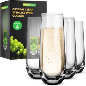 NutriChef 4-Piece Stemless Champagne Flutes Set - 6.4" Tall Crystal Glasses with Thick Heavy Base - Prosecco Wine Flute, Highball Glass, Mimosa Cocktail Glass Set, Bar Glassware - Dishwasher Safe