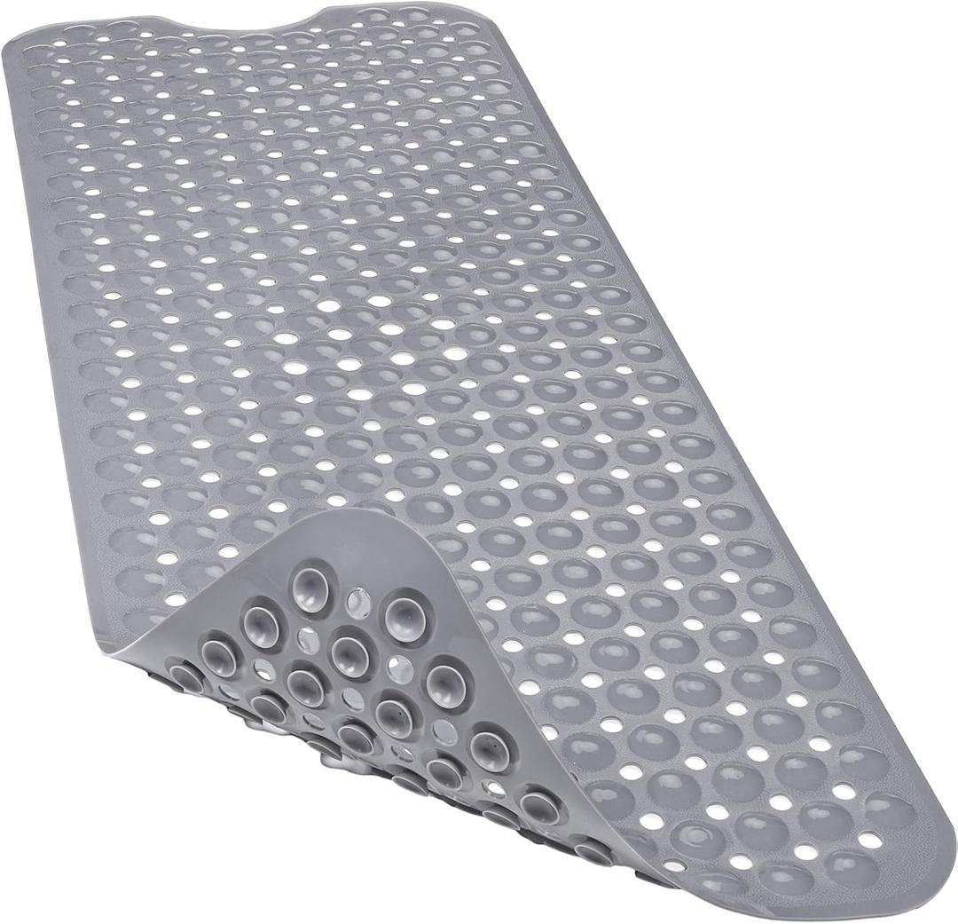 Linoows Bathtub and Shower Mats, 40x16 Inch Extra Large Non Slip Soft Bath Tub Mat with Suction Cups and Drain Holes for Bathroom Floor and Keep Tubs Clean, Machine Washable, Clear Gray