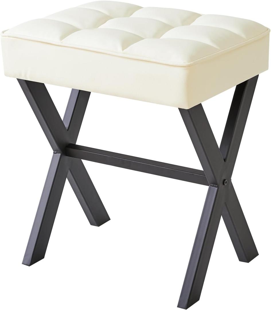 IBUYKE Square Makeup Stool with X-Leg Foot Rest, PU Footrest, Ottoman Seat Vanity Stool, Multi-Use as Small Side Table, for Bedroom, Living Room, White LG-71W (17.72"-Leather)