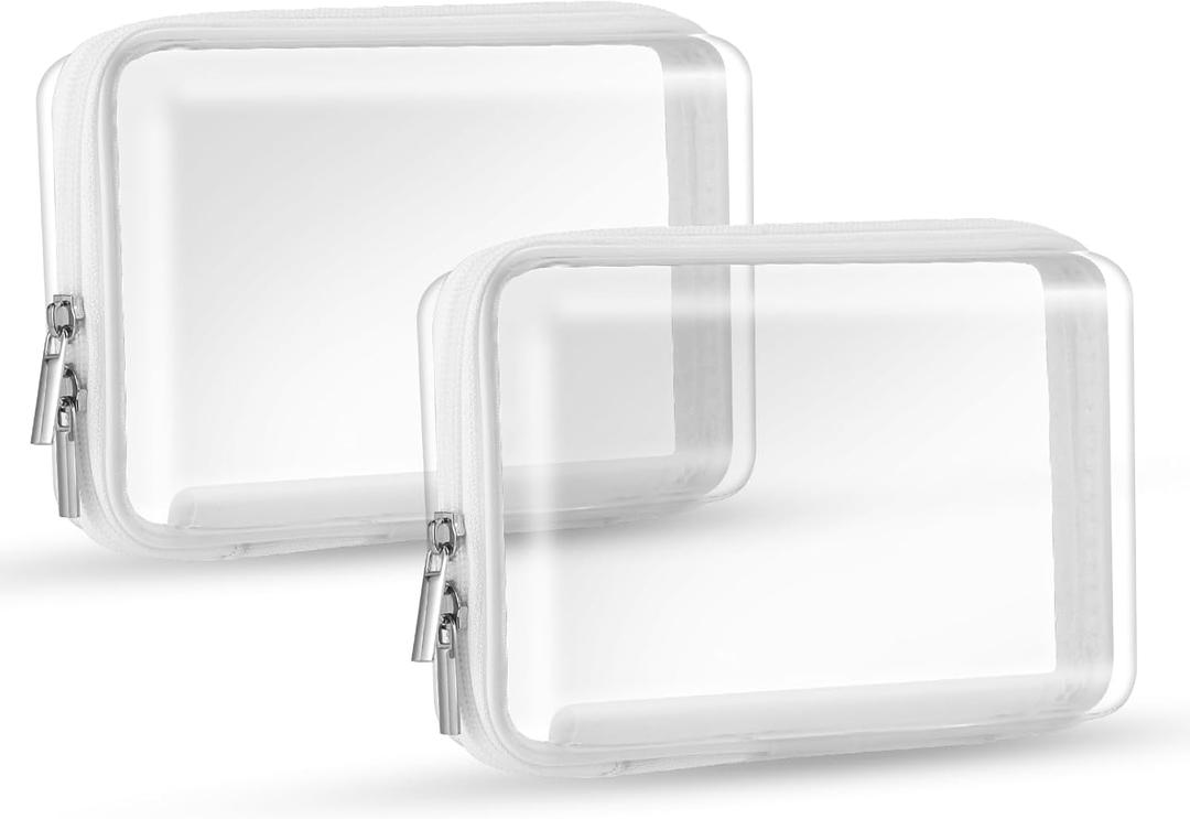 2 Pcs Clear Hard Zipper Pouch, Hard PC Plastic Cosmetic Travel Bag, Portable Organizer Bins, Durable Makeup Bags for Storage, Pencil Case, Carry-on Travel (White Zipper)