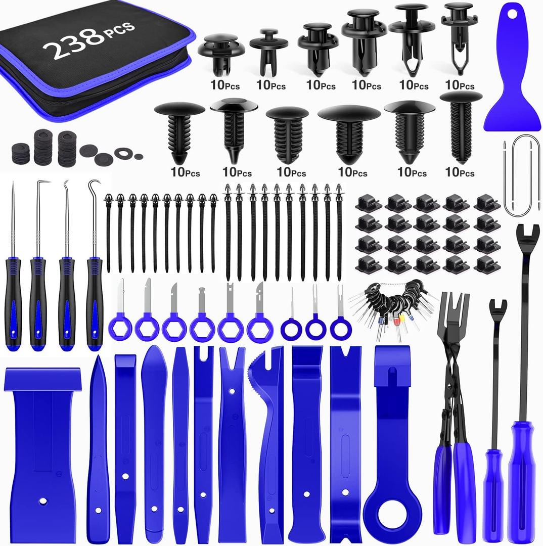 GOOACC 238Pcs Trim Removal Tool, Auto Push Pin Bumper Retainer Clip Set Fastener Terminal Remover Tool Adhesive Cable Clips Pry Kit Car Panel Radio Removal Auto Clip Pliers (120Pcs Clips + 118 Remover Blue)